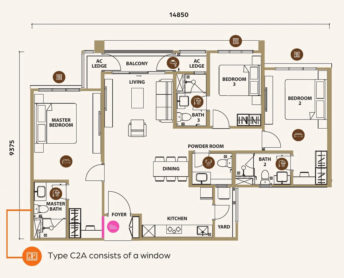 Type C2 / C2A floor plan, 1,280 sq ft, 3 bedroom